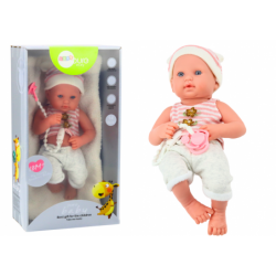 Baby doll in white and pink clothes, hat, pacifier, and blanket