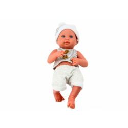 Baby doll in white and gray clothes, hat, pacifier, and blanket
