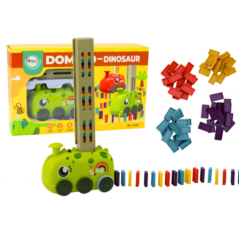 Battery-operated Green Dinosaur Car Arranging Colorful Dominoes 4 Colors of Blocks