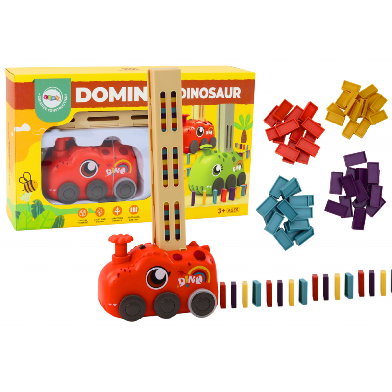 Red Dinosaur Battery Operated Car Arranging Colorful Dominoes 4 Colors of Blocks