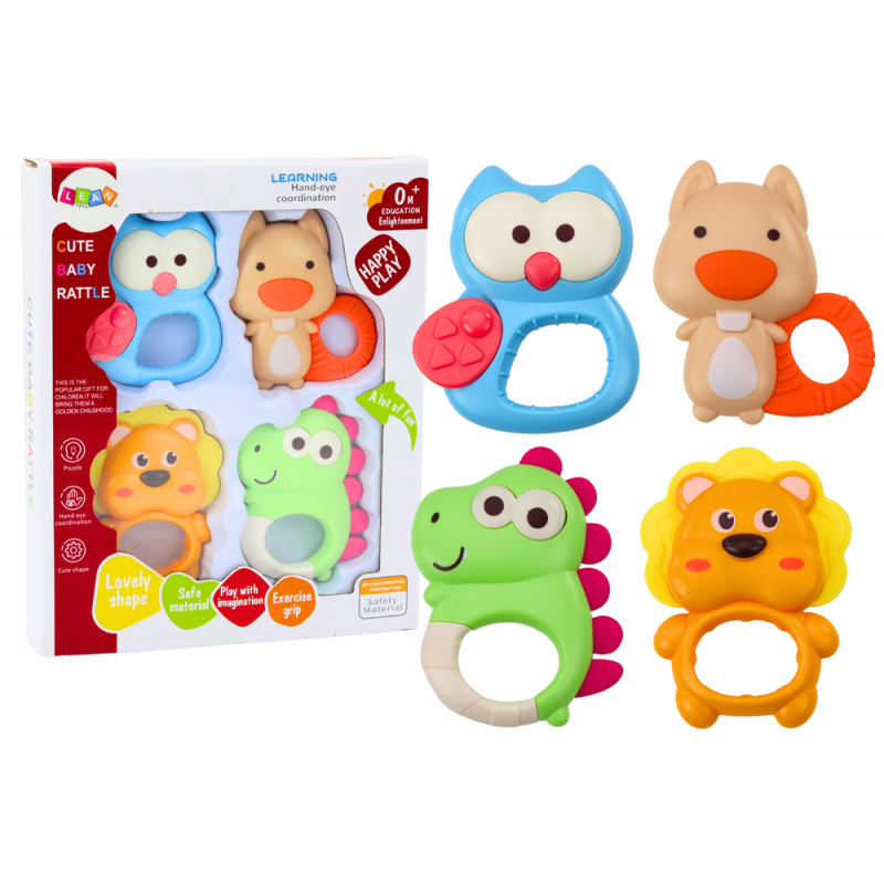 Set of Rattles, Teethers, Colorful Pastel Animals, 4 Pcs