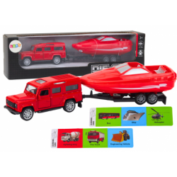 Off-road car with trailer and motorboat, red metal