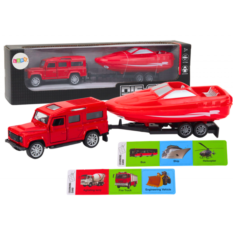 Off-road car with trailer and motorboat, red metal