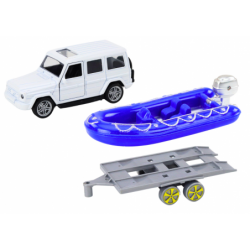 Off-road car with trailer and motorboat, white blue