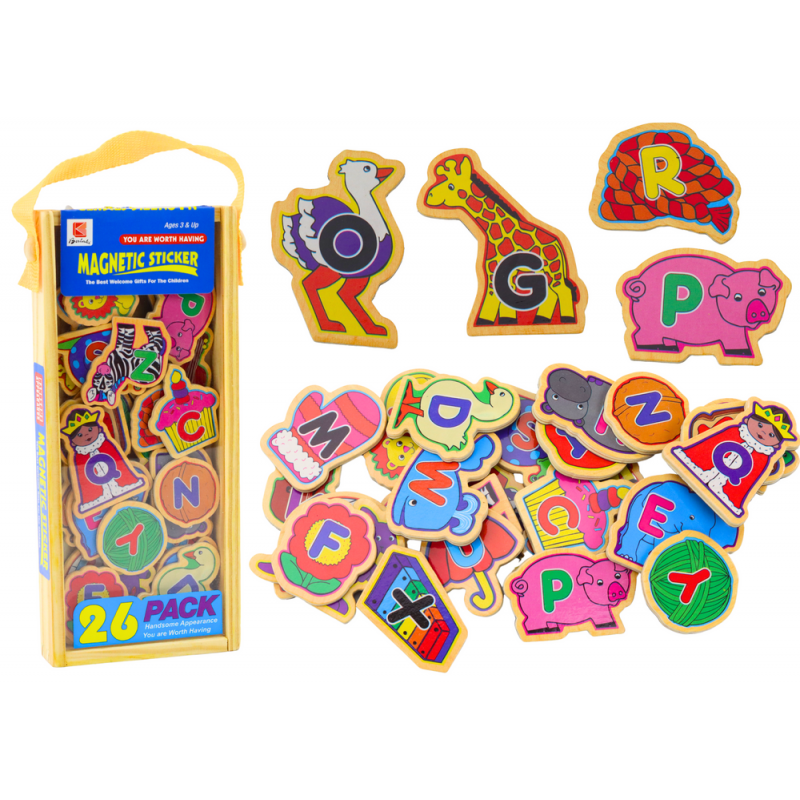 Set of Wooden Magnets Letters Pictures Animals Objects 26 Pieces