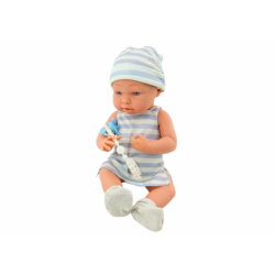 Baby doll in blue and white clothes, hat, pacifier, bib, quilt