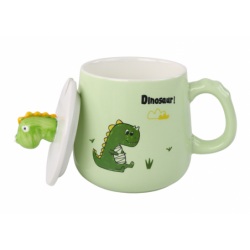 Dinosaur Green Ceramic Mug, Lid, Spoon, 350ml