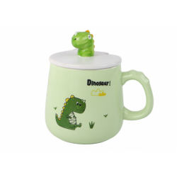 Dinosaur Green Ceramic Mug, Lid, Spoon, 350ml