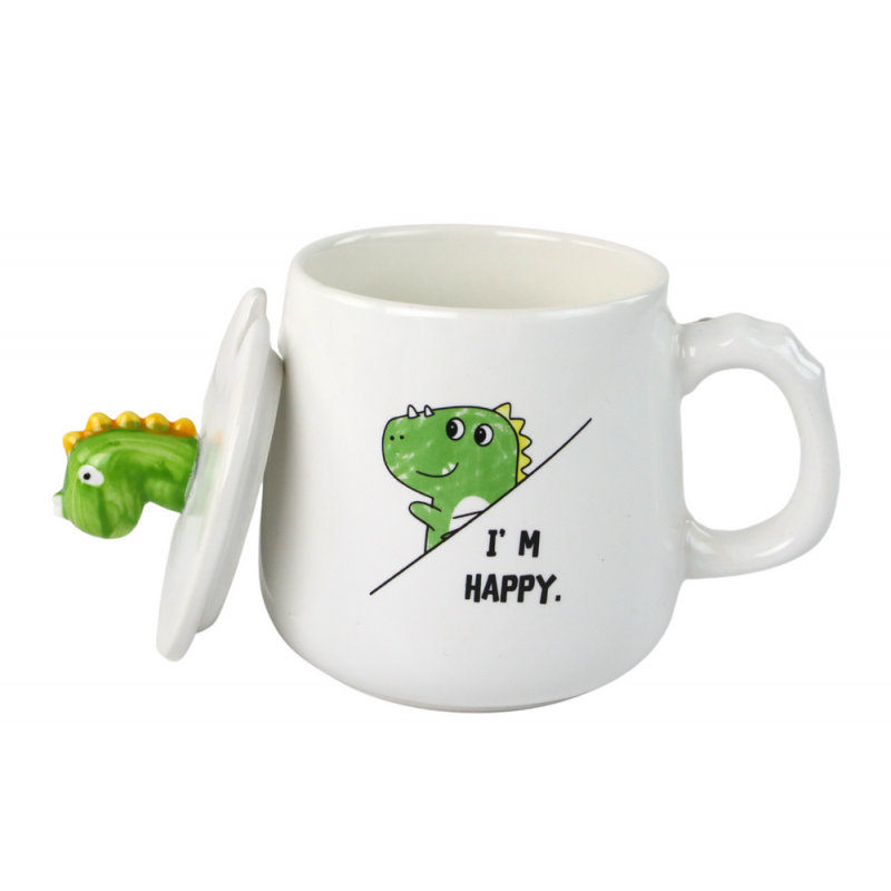 Dinosaur Ceramic Mug, White, Lid, Spoon, 350ml