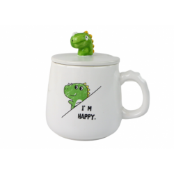 Dinosaur Ceramic Mug, White, Lid, Spoon, 350ml