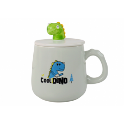 Dinosaur Blue Ceramic Mug, Lid, Spoon, 350ml