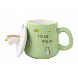 Green Unicorn Ceramic Mug, Lid, Spoon, 350 ml