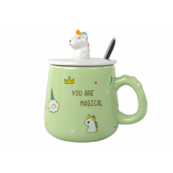 Green Unicorn Ceramic Mug, Lid, Spoon, 350 ml