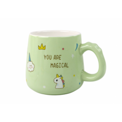 Green Unicorn Ceramic Mug, Lid, Spoon, 350 ml