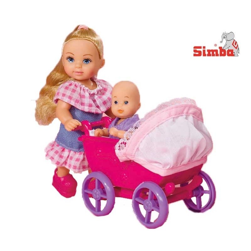 Simba Evi doll with a pink stroller and a doll