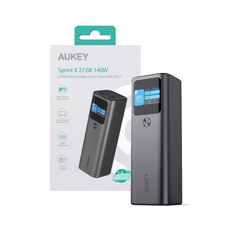 AUKEY PB-Y45 Mini Power Bank 27600mAh 140W QC PD 3.1 3xUSB PPS Smart Digital Display Black