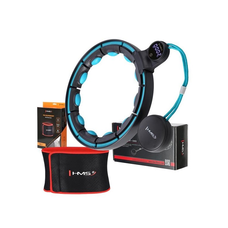 SET HULA HOOP MAGNETIC BLACK/TURQUOISE HHM17 WITH WEIGHT + COUNTER HMS + WAIST SUPPORT BR163 RED