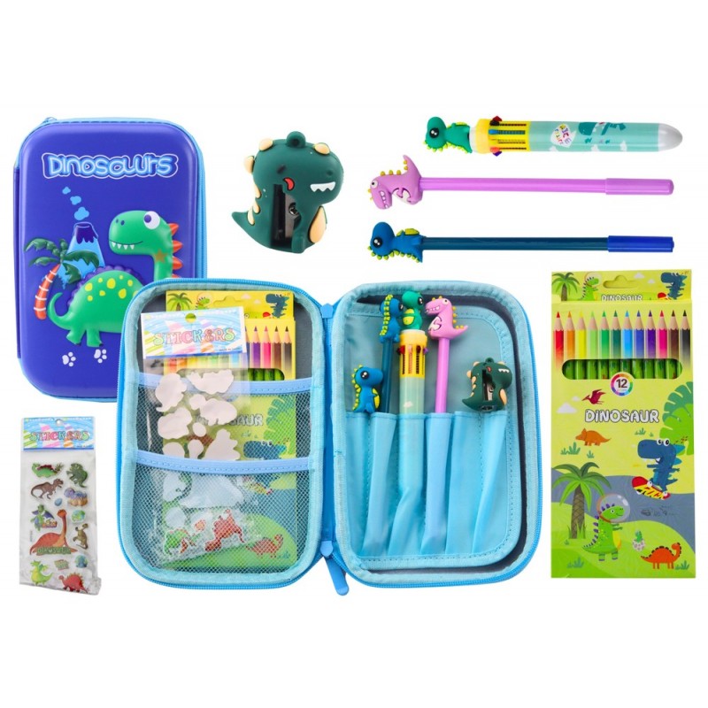 School Pencil Case with Dinosaur Blue Accessories