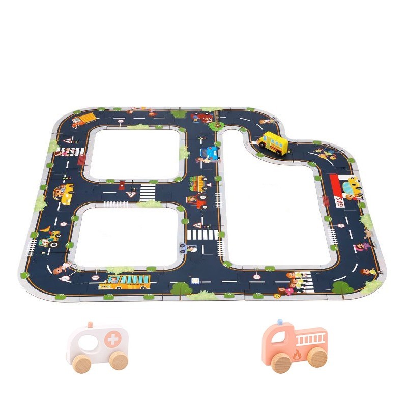 TOOKY TOY Road Puzzle for Children Kit Highway Mockup 21 pcs. FSC + 2 Wooden Vehicle Certificate