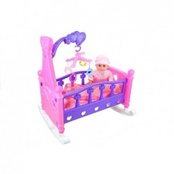 Rocking bed with doll and bedding mobile included