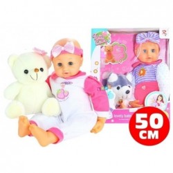 Lovely 50cm baby doll with a pet and bottle soft cuddly speaks Spanisch Espanol