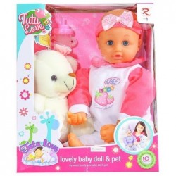 Lovely 50cm baby doll with a pet and bottle soft cuddly speaks Spanisch Espanol