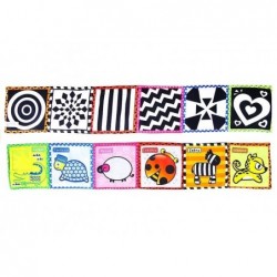 A soft baby crib bumper / book colourful animals black and white shapes