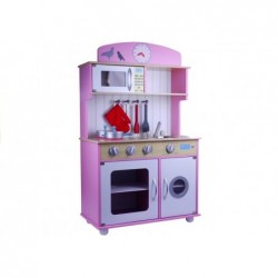 Wooden Kitchen "Kate" Pink&White with Clock and Microwave