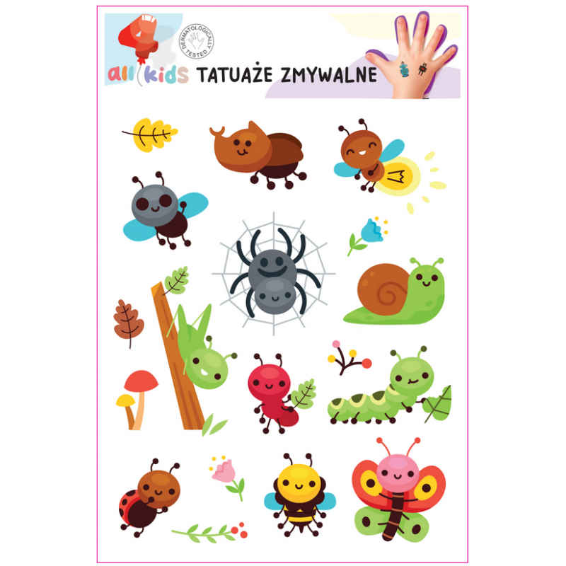 Washable Tattoos For Children Cheerful Insects Spider Butterfly 15 El.