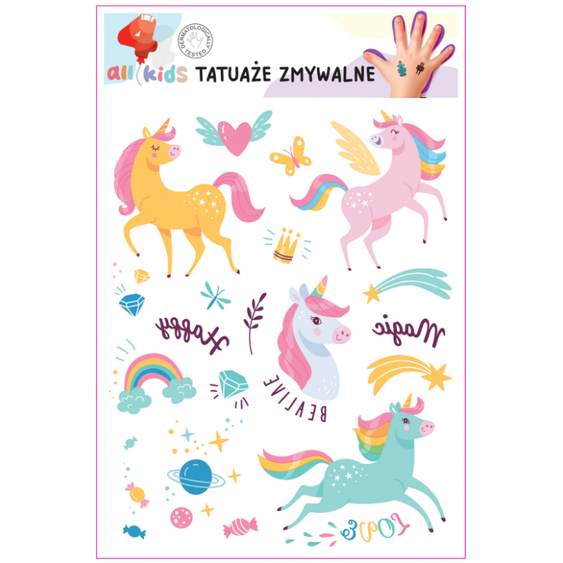 Washable Tattoos For Children Rainbow Unicorns Magic 20 El.