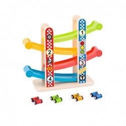 TOOKY TOY Wooden Slide Track for Cars + 4 Cars