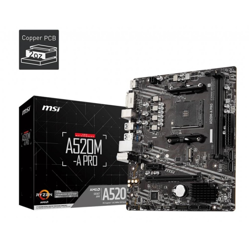 Mainboard MSI AMD A520 SAM4 MicroATX 1xPCI-Express 3.0 1x 1xPCI-Express 3.0 16x 1xM.2 Memory DDR4 Memory slots