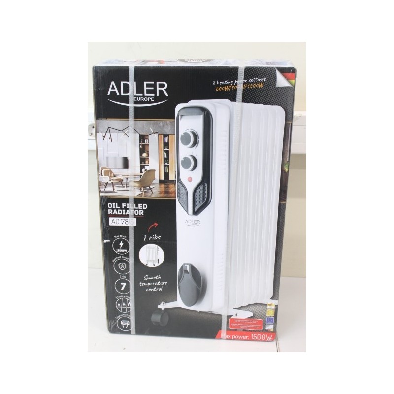 SALE OUT. Adler AD 7815 Oil-Filled Radiator, 7 Ribs, 3 Heating Powers: 600W-900W-1500W, White Adler Oil-Filled