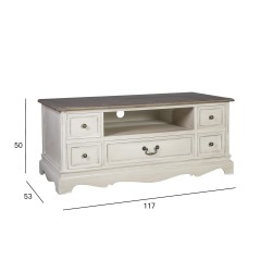 TV table SAMIRA NEW, 5-drawers, 117x53xH50cm, table top  MDF, frame and legs  ash  paulownia, color  antique white
