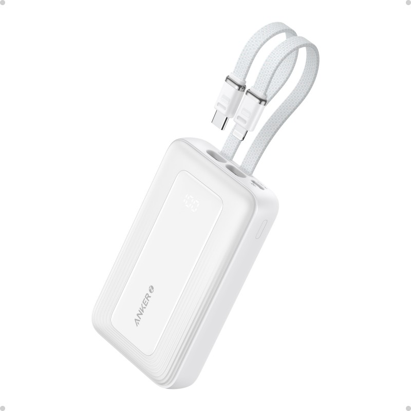 Anker Power Bank A1680H21 10000 mAh USB-C 30W, Lightning 27W Built-In USB-C and Lightning Cables White