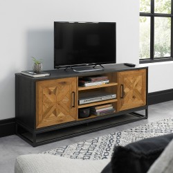 TV-laud INDUS 133x38xH55cm, mosaiik tammespooniga uksed, must korpus, hall metallist alusraam