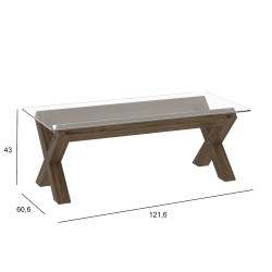 Coffee table TURIN 121,6x60,6xH43cm, glass top, light oak wood cross legs