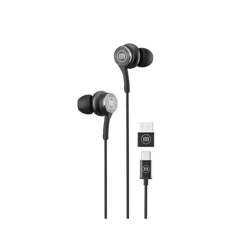 Maxell XC1 USB-C wired headphones with USB-A adapter black