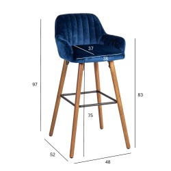 Барный стул ARIEL 48x52xH97см, сиденье и спинка  ткань, цвет  синий, ножки из бука
