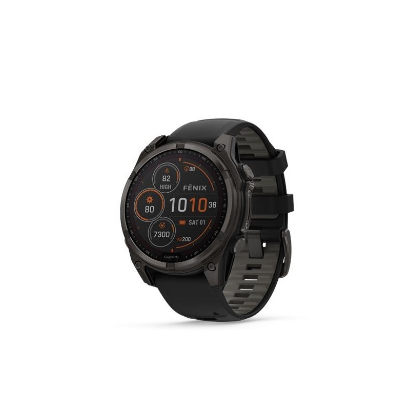 Garmin fēnix 8 Solar Sapphire käekell, 47 mm, Süsiniku hall DLC titaan koos musta/kruusakarva halli silikoonrihmaga.