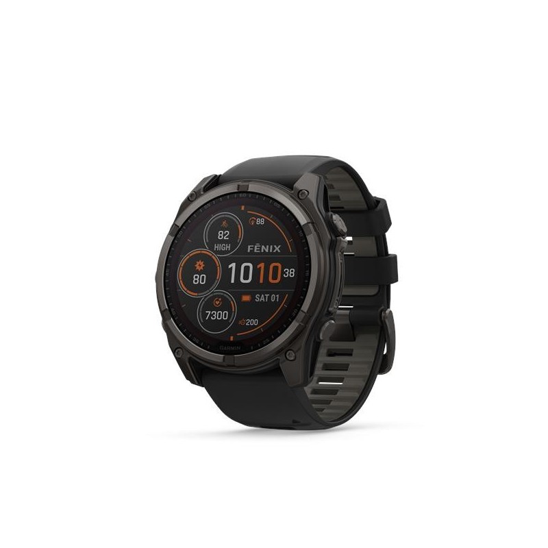 Garmin fēnix 8 Solar Sapphire käekell, 51 mm, Süsiniku hall DLC titaan koos musta/kruusakarva halli silikoonrihmaga.