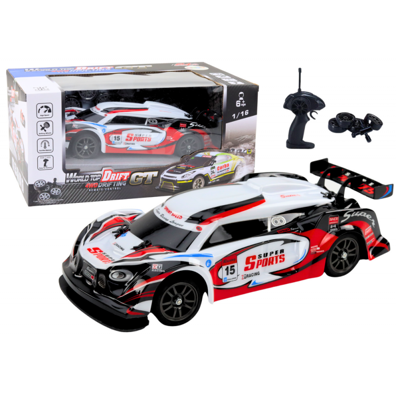 RC Sports Car 1:16 Drift Interchangeable Wheels White and Red