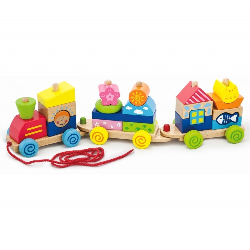 A colorful train with Viga Toys pulling cars