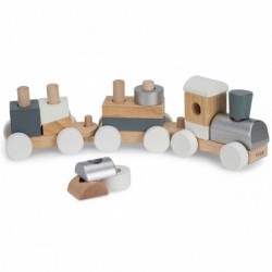 Wooden Queue with Viga Toys + Klocki pulling wagons