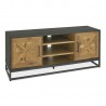 TV table INDUS 133x38xH55cm, mosaic oak veneer doors, black body, grey metal frame