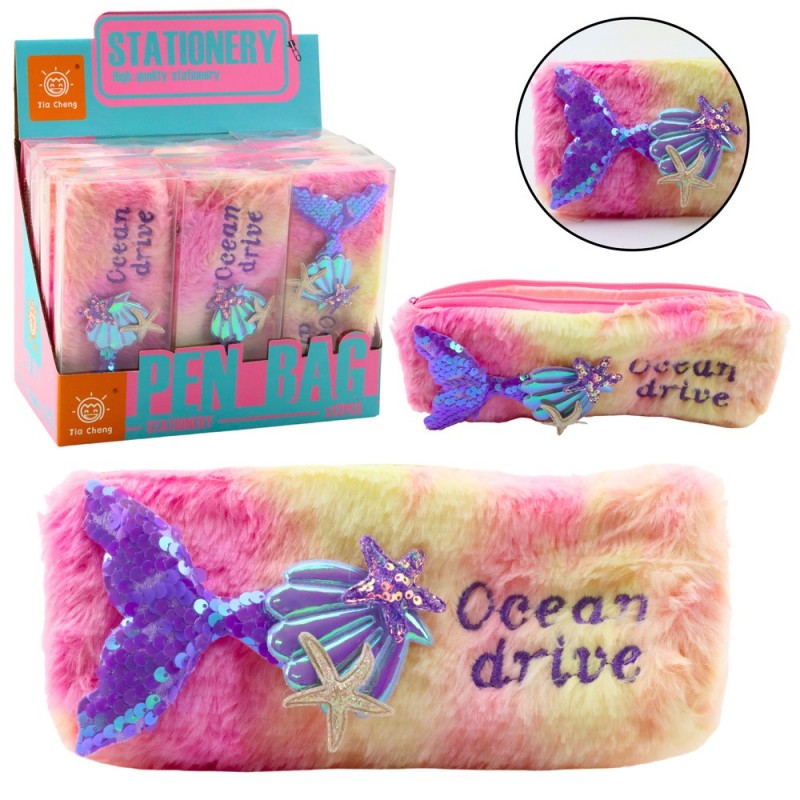 Plush Pencil Case With Mermaid Tail Sequins Pink Purple