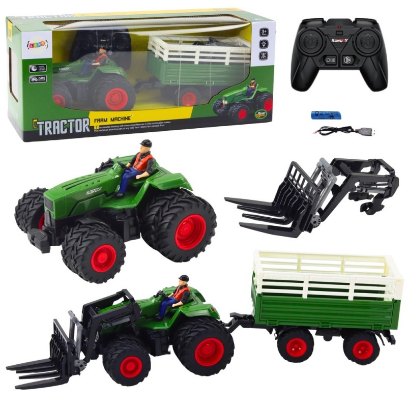 RC Remote Controlled Agricultural Tractor With Trailer And Forks Double Wheels
