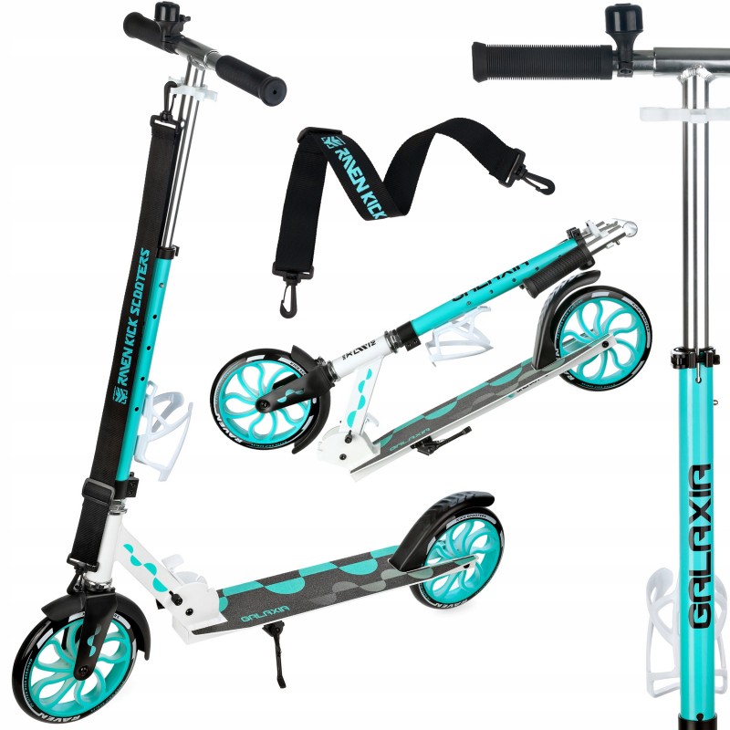 LED Scooter Raven Galaxia White/Mint 200mm with bell, bottle holder
