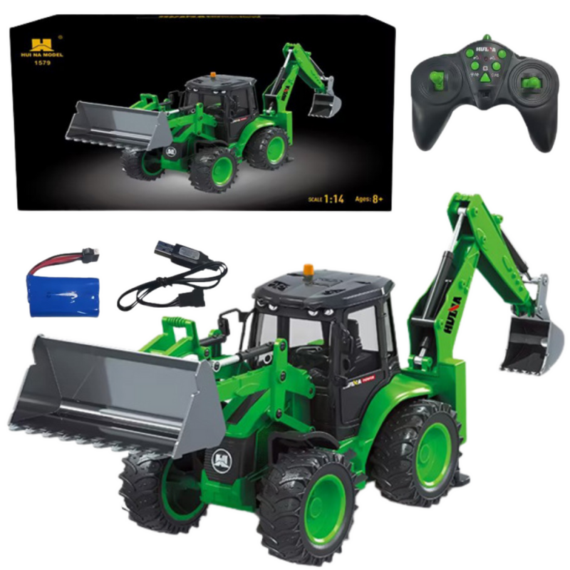 Remote Control Backhoe Loader RC Lights Sound Green Huina 1:14
