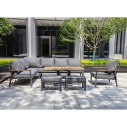 Aiamööblikomplekt PARKER laud, nurgadiivan, tugitool ja 2 tumbat, hall